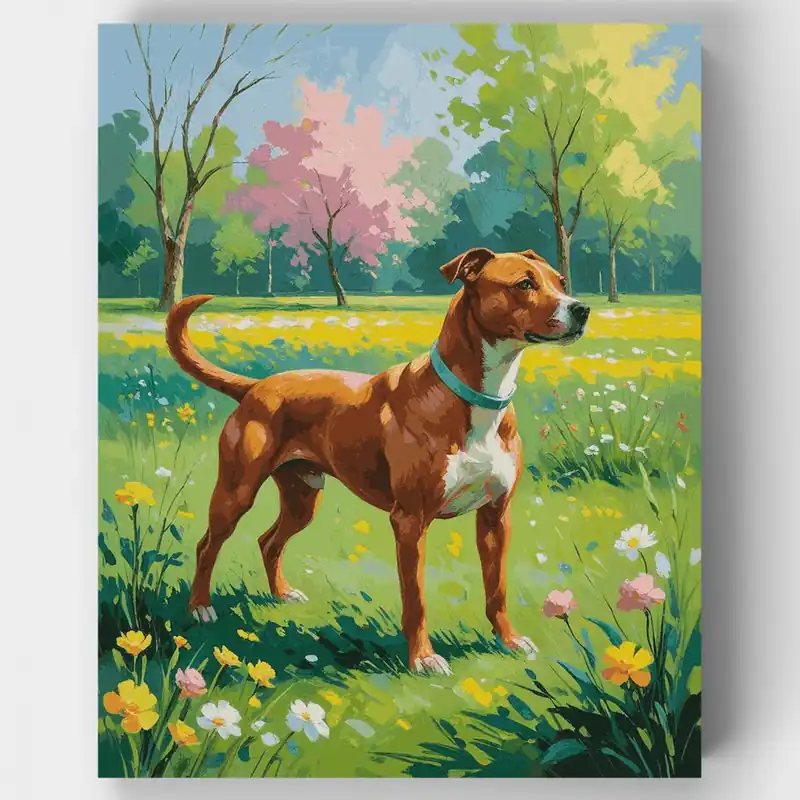 Staffordshire Bull Terrier en Prado Primaveral - Kit de pintar por números - Lienzo Enrollado / 24 Colores Compra Ahora