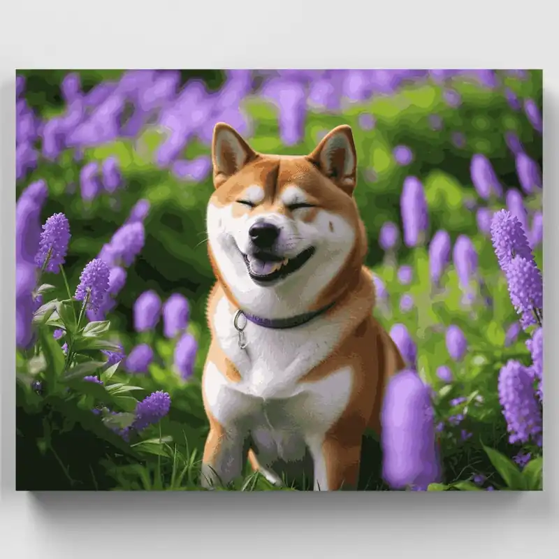 A Buen Precio Shiba Inu Feliz en Jardín de Flores Púrpuras - Kit de pintar por números - Lienzo Enrollado / 24 Colores