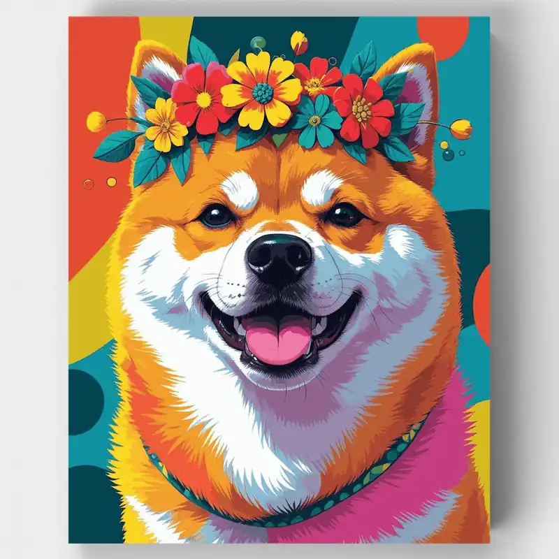 Shiba Inu Colorido con Corona de Flores - Kit de pintar por números - Lienzo Enrollado / 24 Colores Oferta Especial