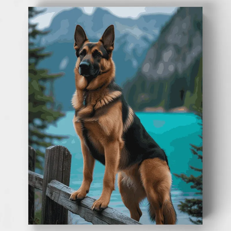 Precio Bajo Pastor Alemán Majestuoso en Paisaje de Montaña - Kit de pintar por números - Lienzo Enrollado / 24 Colores