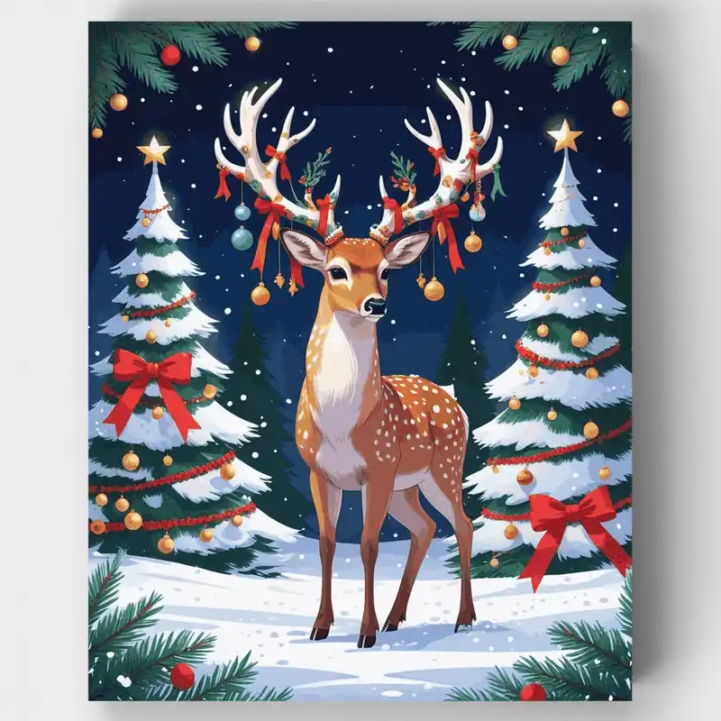 Reno Festivo con Adornos Navideños - Kit de pintar por números - Lienzo Enrollado / 24 Colores Oferta Especial