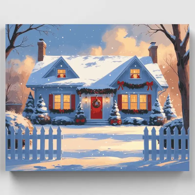 Kit de Pintar por Números Cabaña Navideña Acogedora en la Nieve - Lienzo Enrollado / 24 Colores Popular