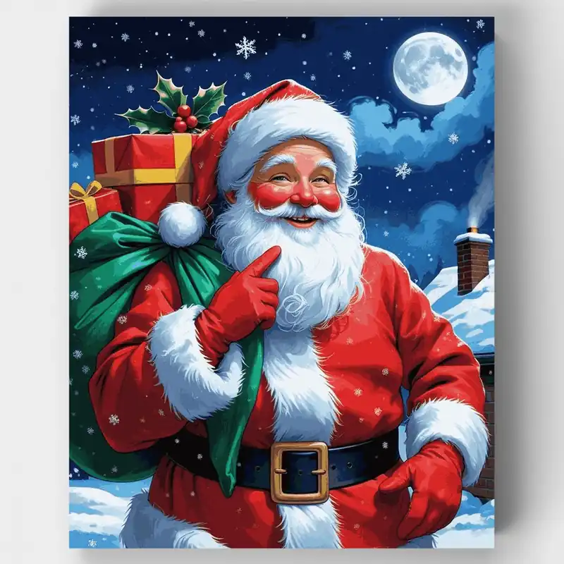 Santa Claus con Saco de Regalos en el Tejado - Kit de pintar por números - Lienzo Enrollado / 24 Colores Garantía Incluida