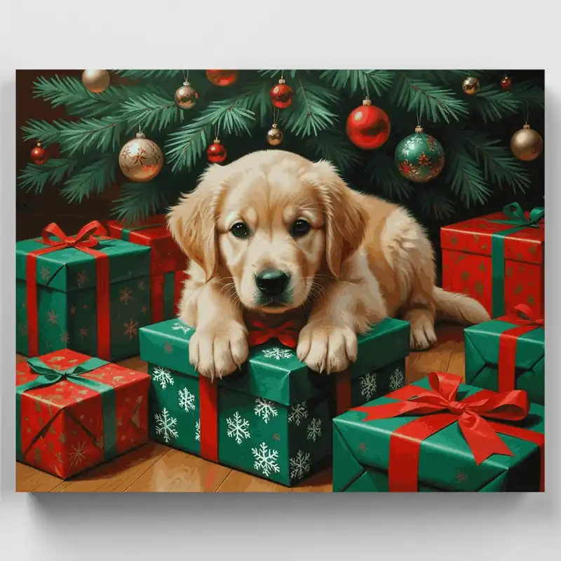 Edición Limitada Golden Retriever Cachorro Navidad - Kit de pintar por números - Lienzo Enrollado / 24 Colores