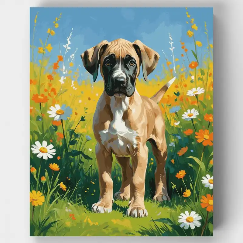 Gran Danés en Prado de Flores Silvestres - Kit de pintar por números - Lienzo Enrollado / 24 Colores Marca Reconocida