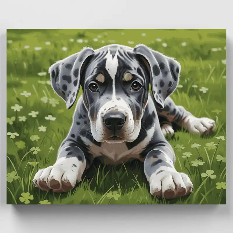 Cachorro de Gran Danés en Campo de Tréboles - Kit de pintar por números - Lienzo Enrollado / 24 Colores Favorito De Clientes