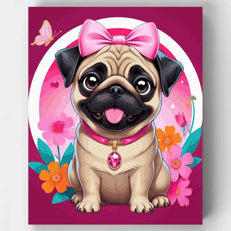 Liquidación Adorable Princesa Pug con Lazo Rosa - Kit de pintar por números - Lienzo Enrollado / 24 Colores