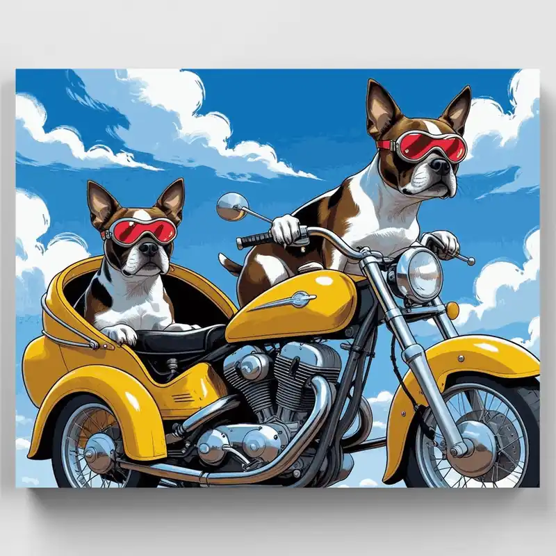 Económico Boston Terriers en Motocicleta - Kit de pintar por números - Lienzo Enrollado / 24 Colores