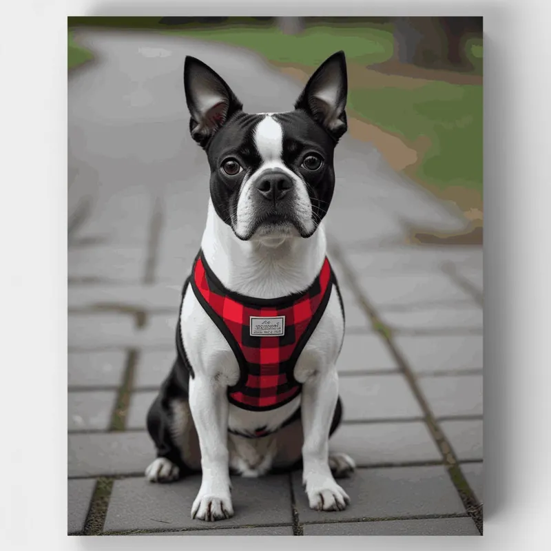 Boston Terrier con Arnés de Cuadros Rojos - Kit de pintar por números - Lienzo Enrollado / 24 Colores Ordena Ya