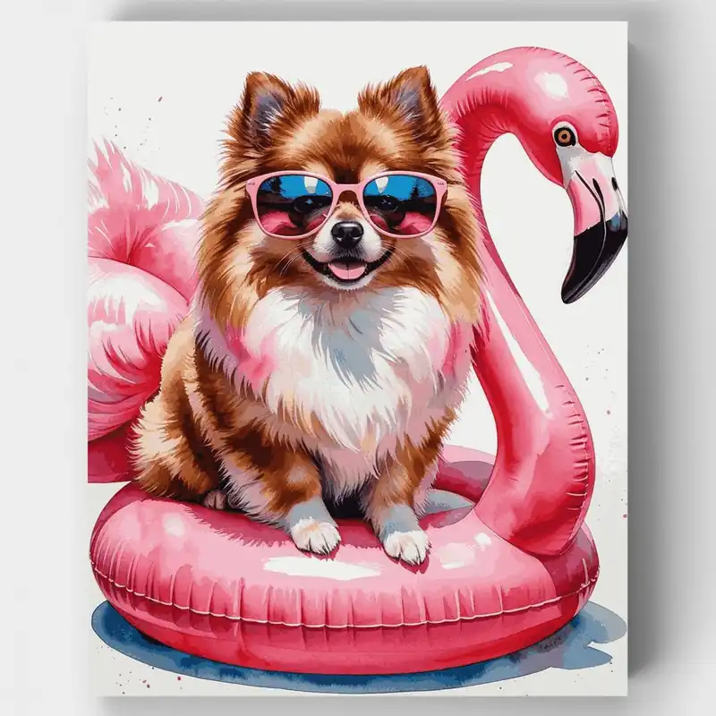 Premium Pomerania en Flotador de Piscina de Flamenco - Kit de pintar por números - Lienzo Enrollado / 24 Colores