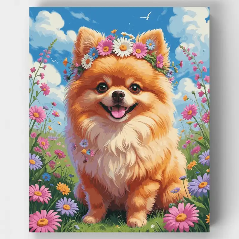 Descuento Pomerania Esponjoso con Corona de Flores - Kit de pintar por números - Lienzo Enrollado / 24 Colores