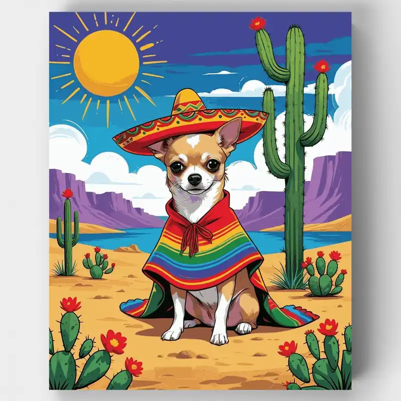 Chihuahua con Poncho Mexicano - Kit de pintar por números - Lienzo Enrollado / 24 Colores Gran Oferta
