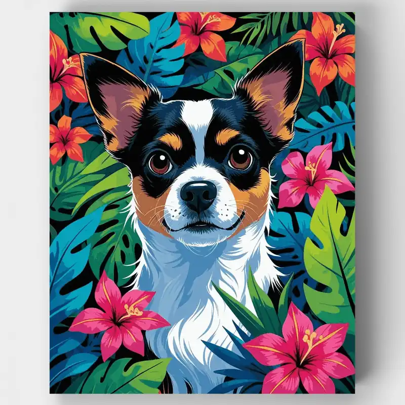 Chihuahua Tropical en el Paraíso - Kit de pintar por números - Lienzo Enrollado / 24 Colores Precio Reducido