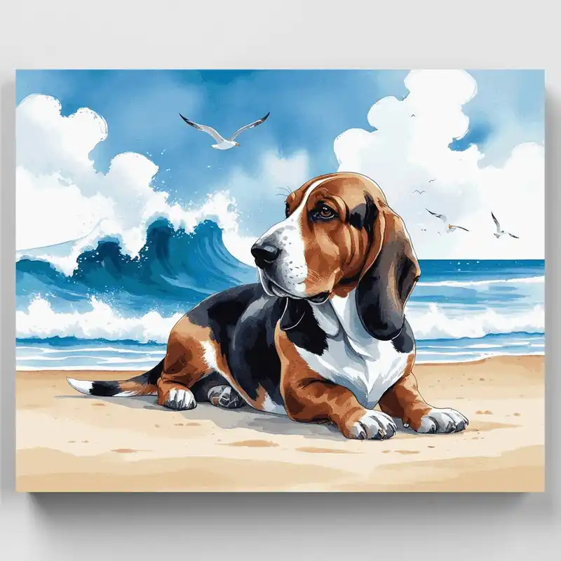 Basset Hound en la Playa - Kit de pintar por números - Lienzo Enrollado / 24 Colores Oferta De Temporada