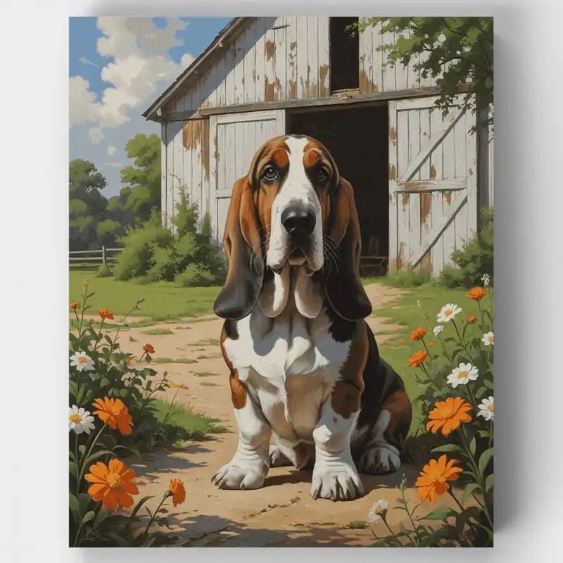 Envío Gratis Basset Hound junto al Granero - Kit de pintar por números - Lienzo Enrollado / 24 Colores