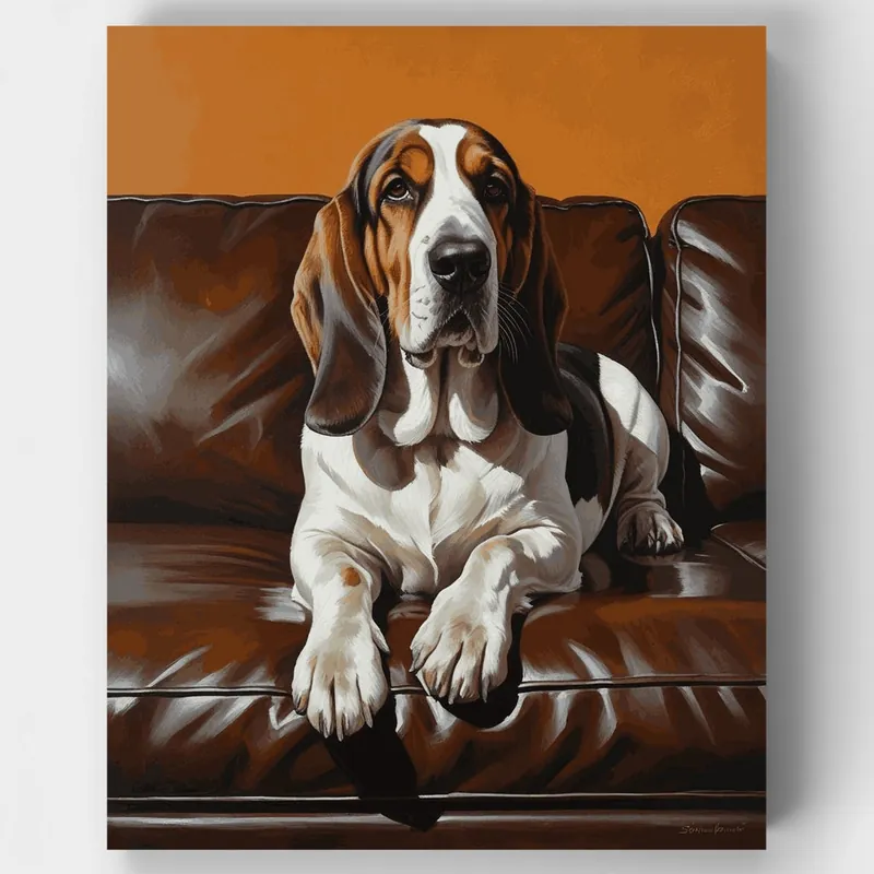 Nuevo Modelo Basset Hound en Sofá de Cuero Marrón - Kit de pintar por números - Lienzo Enrollado / 24 Colores