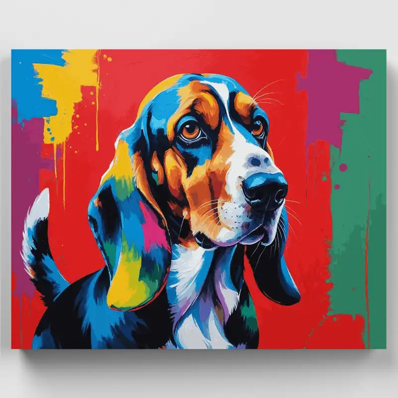 Precio Rebajado Retrato Pop Art de Basset Hound - Kit de pintar por números - Lienzo Enrollado / 24 Colores