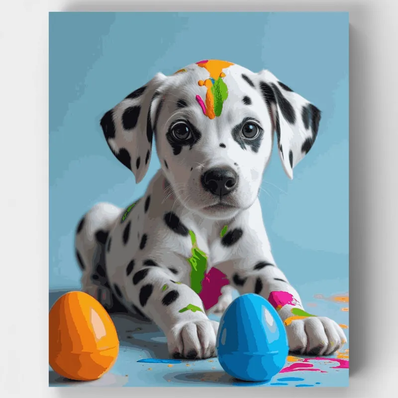Envío Inmediato Cachorro Dálmata Juguetón con Salpicaduras de Pintura - Kit de pintar por números - Lienzo Enrollado / 24 Colores