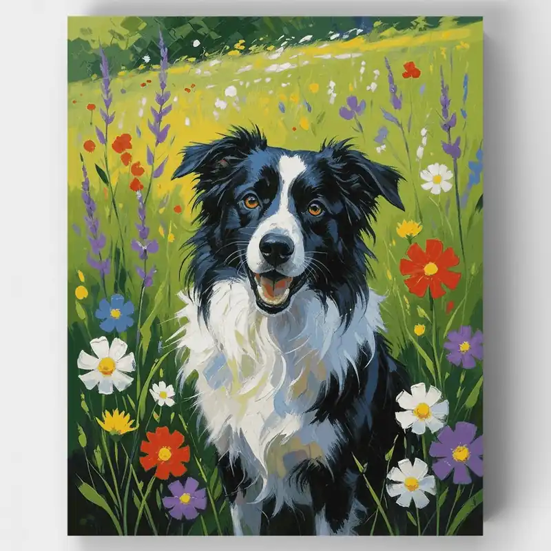 Auténtico Border Collie in Wildflower Meadow - Paint by Numbers Kit - Lienzo Enrollado / 24 Colores