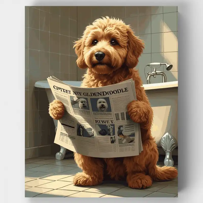 Goldendoodle Reading Newspaper in Bathroom - Paint by Numbers Kit - Lienzo Enrollado / 24 Colores Envío Inmediato