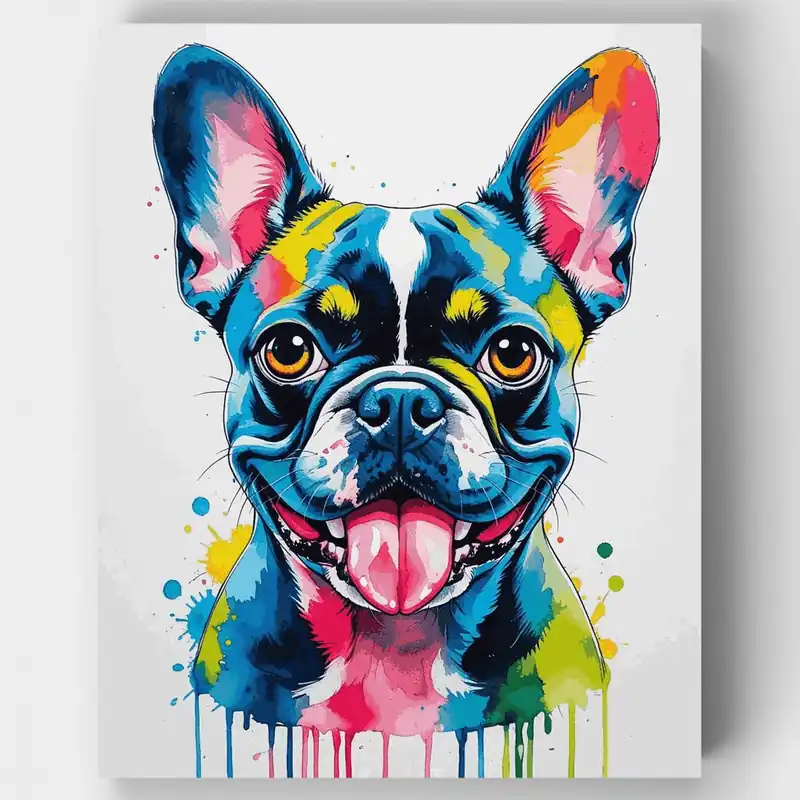 Bulldog Francés Acuarela con Gotas de Pintura - Kit de pintar por números - Lienzo Enrollado / 24 Colores Pago Seguro