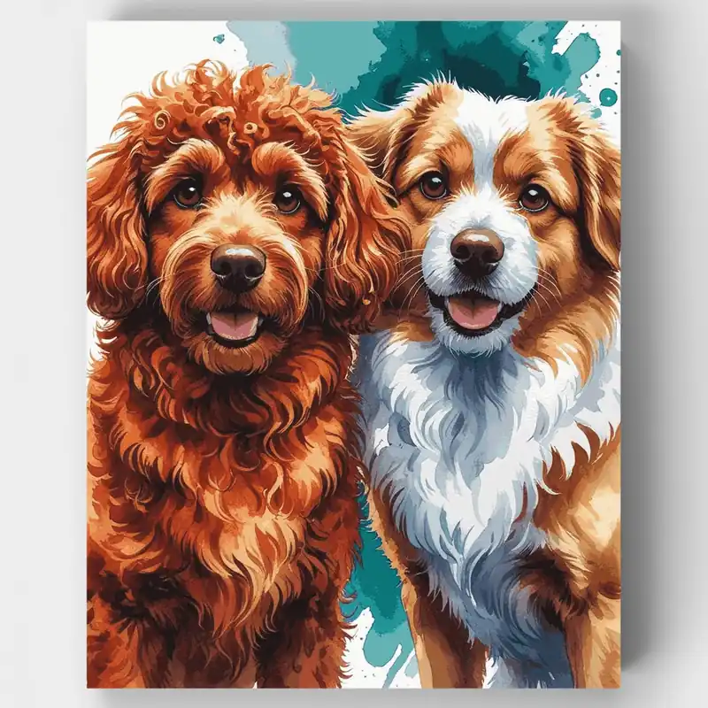 Dos Adorables Perros Doodle - Kit de pintar por números - Lienzo Enrollado / 24 Colores Nueva Colección