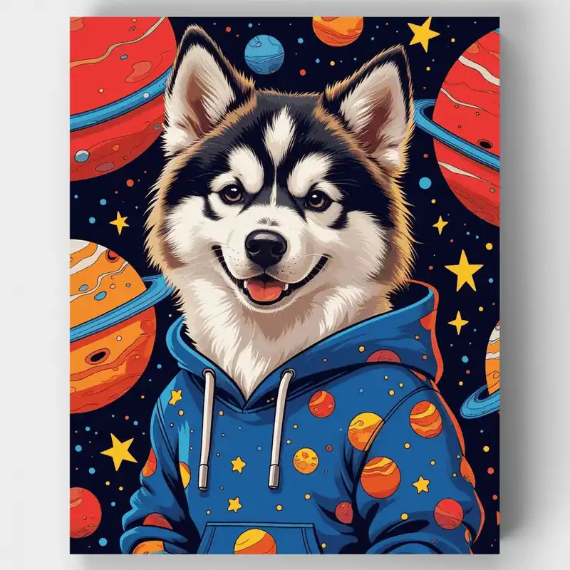 Husky Espacial con Sudadera Cósmica - Kit de pintar por números - Lienzo Enrollado / 24 Colores Solo Por Tiempo Limitado