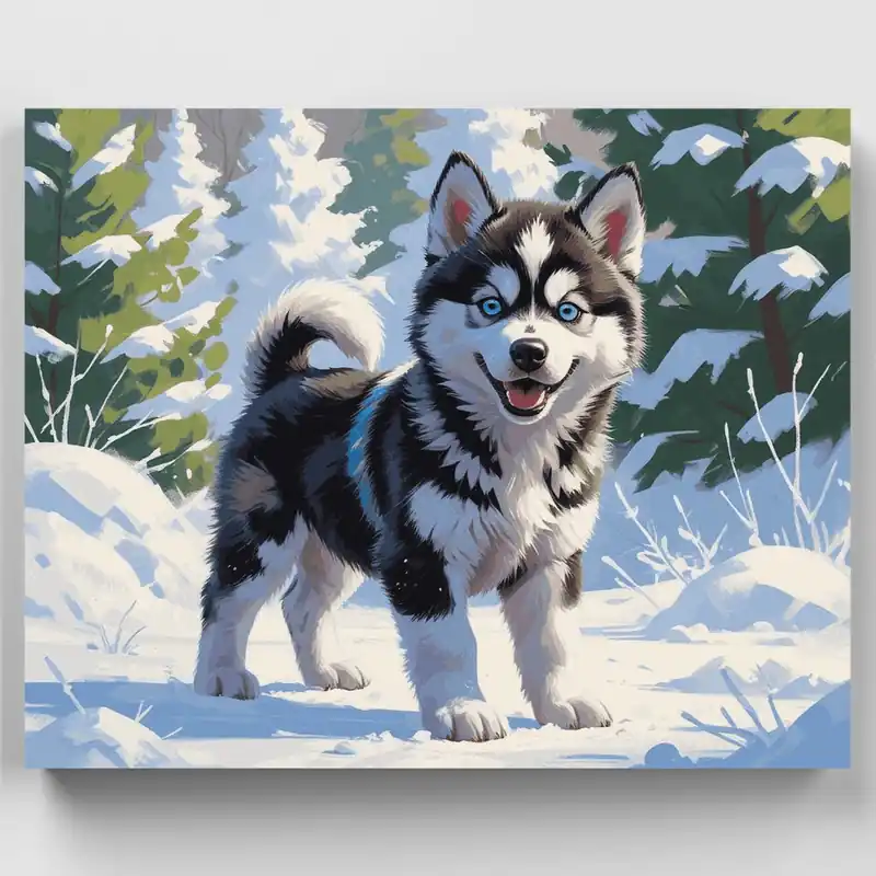 Cachorro Husky en País de las Maravillas Invernal - Kit de pintar por números - Lienzo Enrollado / 24 Colores Moderno