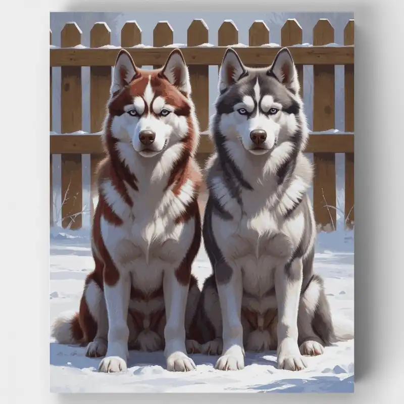 Premium Dos Huskies en Invierno - Kit de pintar por números - Lienzo Enrollado / 24 Colores