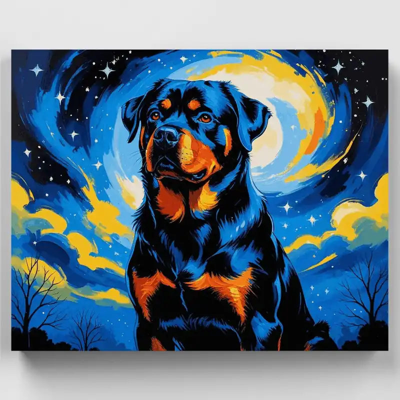 Rottweiler Bajo Cielo Estrellado - Kit de pintar por números - Lienzo Enrollado / 24 Colores Compra Hoy