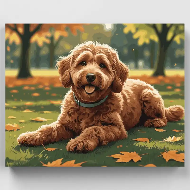Solo Por Tiempo Limitado Labradoodle en Parque de Otoño - Kit de pintar por números - Lienzo Enrollado / 24 Colores