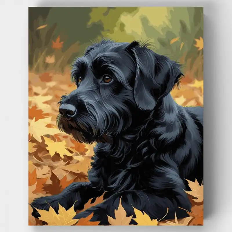 Edición Limitada Schnauzer Negro en Hojas de Otoño - Kit de pintar por números - Lienzo Enrollado / 24 Colores