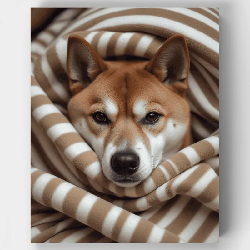 Shiba Inu Acogedor en Manta a Rayas - Kit de pintar por números - Lienzo Enrollado / 24 Colores Bestseller