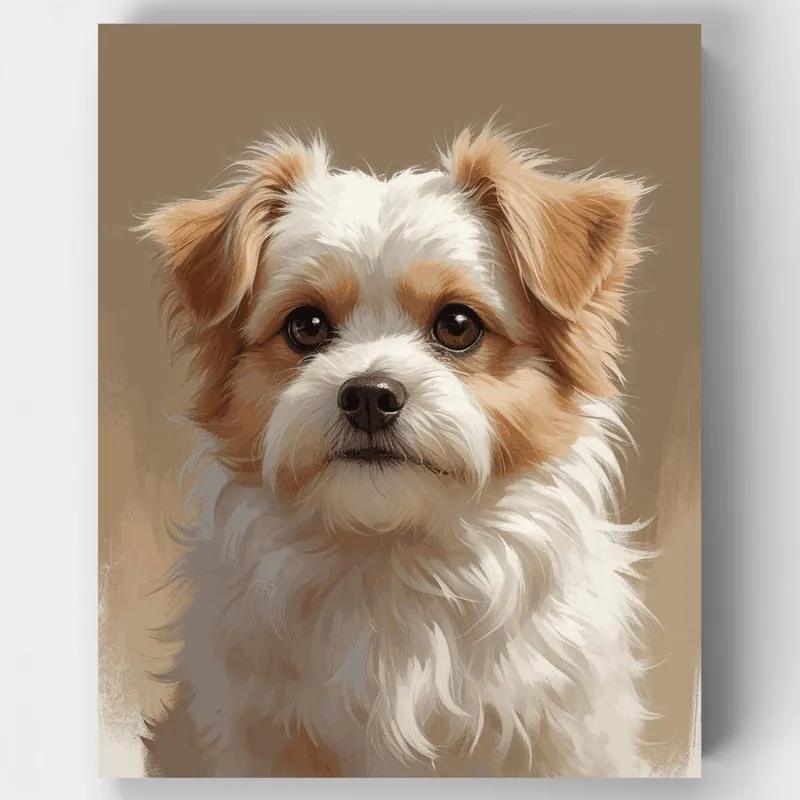 Retrato de Perro Esponjoso Marrón y Blanco - Kit de pintar por números - Lienzo Enrollado / 24 Colores Últimas Unidades