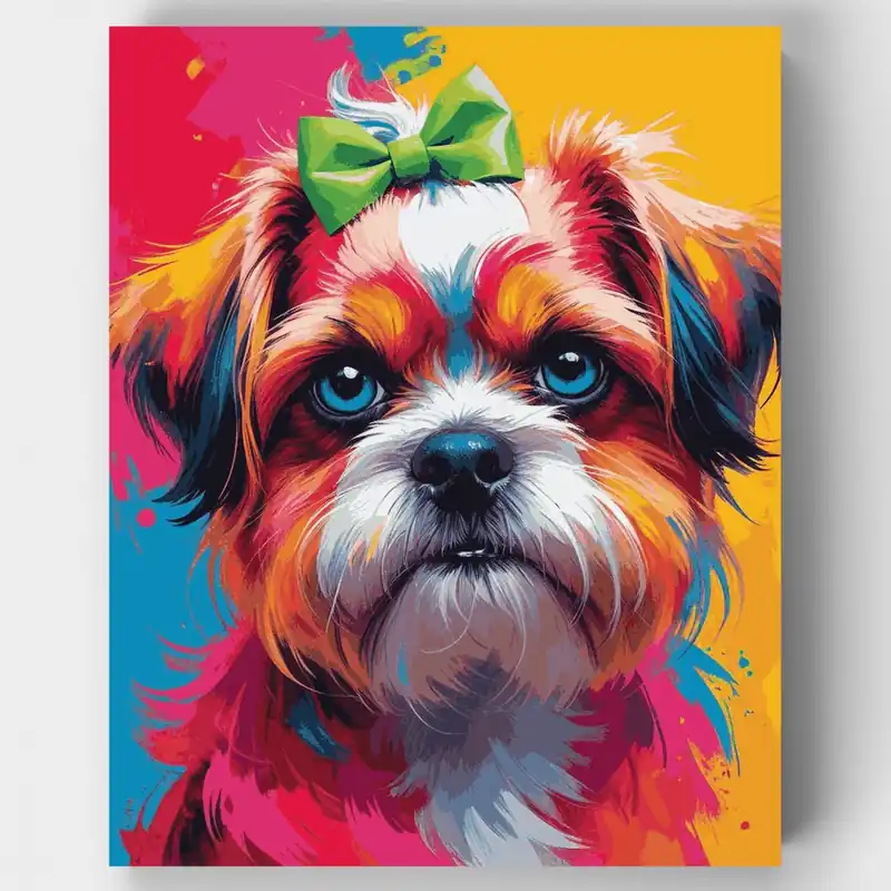 Shih Tzu Colorido con Lazo Verde - Kit de pintar por números - Lienzo Enrollado / 24 Colores Solo Por Tiempo Limitado