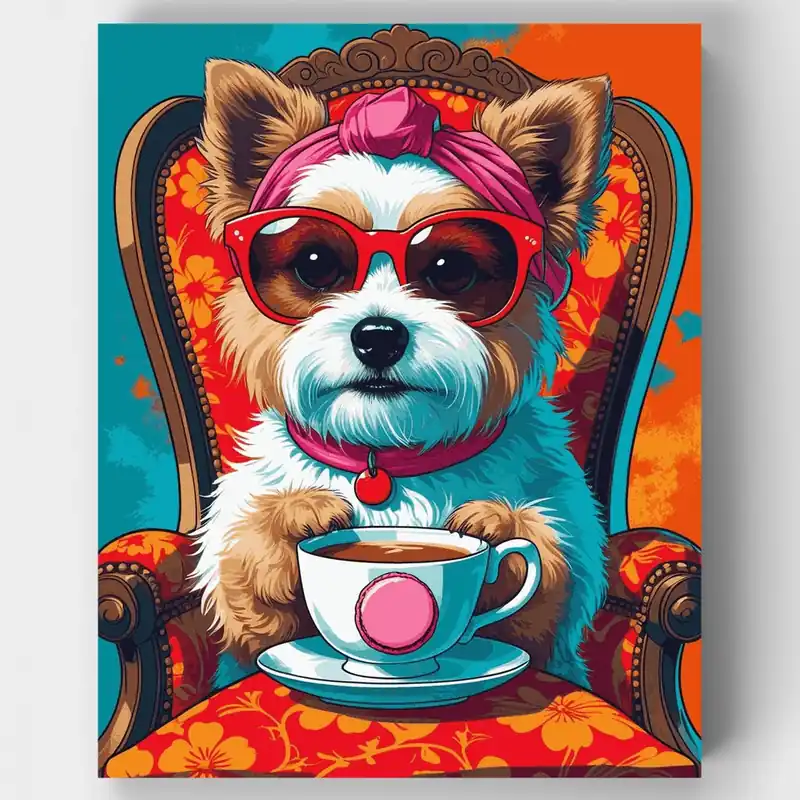 Yorkie Elegante con Café - Kit de Pintar por Números - Lienzo Enrollado / 24 Colores Última Oportunidad