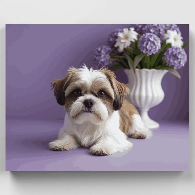 Directo De Fábrica Retrato de Shih Tzu con Flores - Kit de pintar por números - Lienzo Enrollado / 24 Colores
