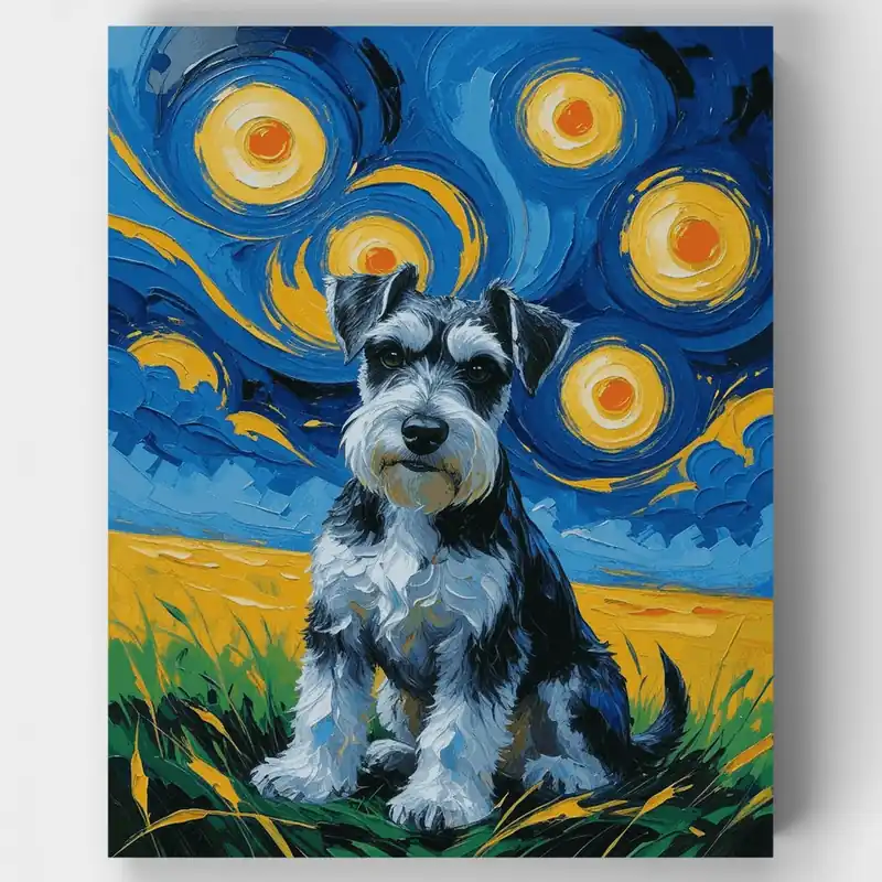 Schnauzer Bajo la Noche Estrellada - Kit de pintar por números - Lienzo Enrollado / 24 Colores Entrega Rápida