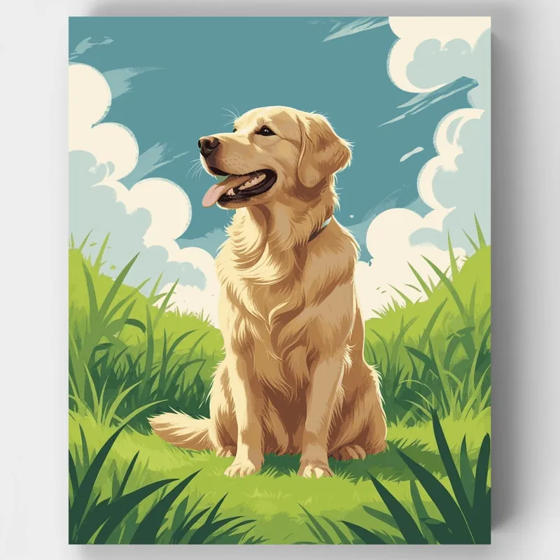 Máxima Calidad Golden Retriever en el Césped - Kit de pintar por números - Lienzo Enrollado / 24 Colores