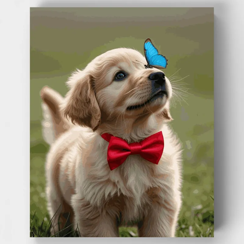 Golden Retriever Cachorro con Mariposa - Kit de pintar por números - Lienzo Enrollado / 24 Colores Comprar En Línea