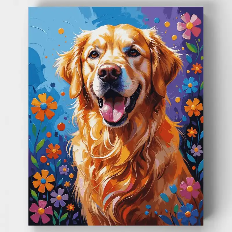 Golden Retriever Feliz con Flores - Kit de pintar por números - Lienzo Enrollado / 24 Colores Pedido Al Por Mayor