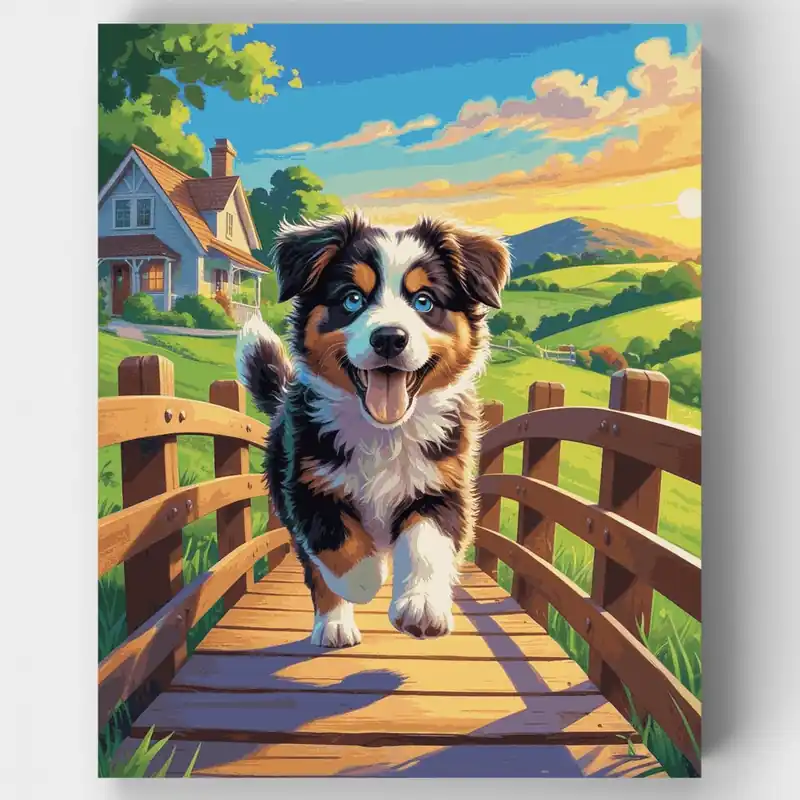 Cachorro Pastor Australiano en Puente - Kit de pintar por números - Lienzo Enrollado / 24 Colores Edición Limitada