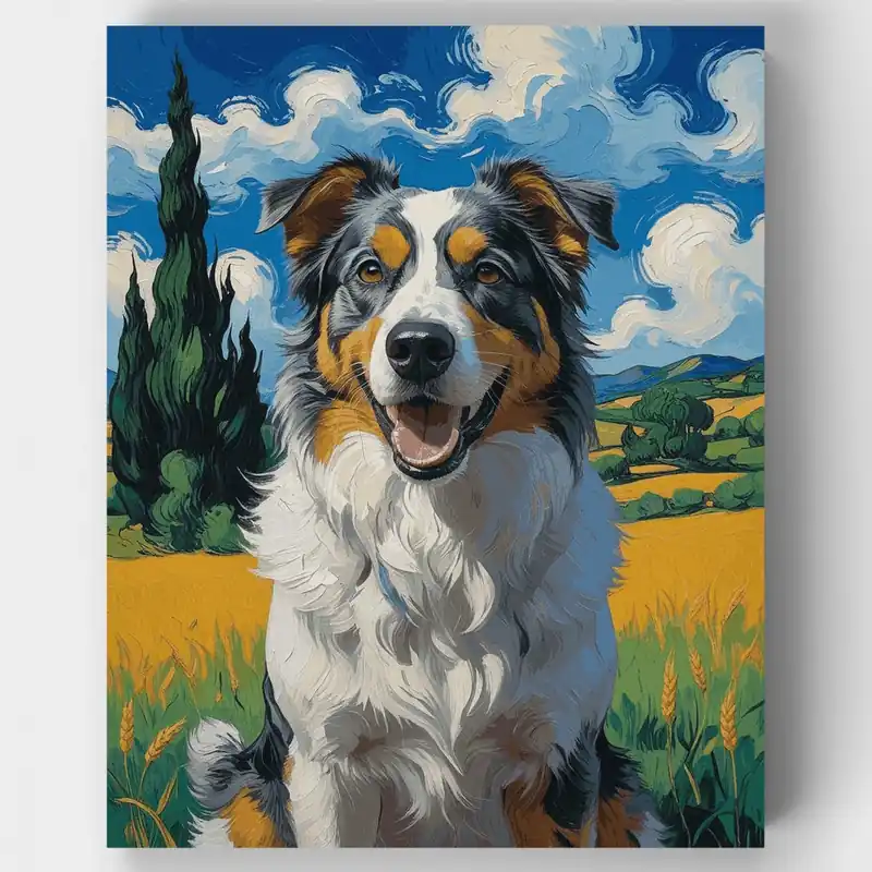 Marca Reconocida Pastor Australiano al Estilo Van Gogh - Kit de Pintar por Números - Lienzo Enrollado / 24 Colores