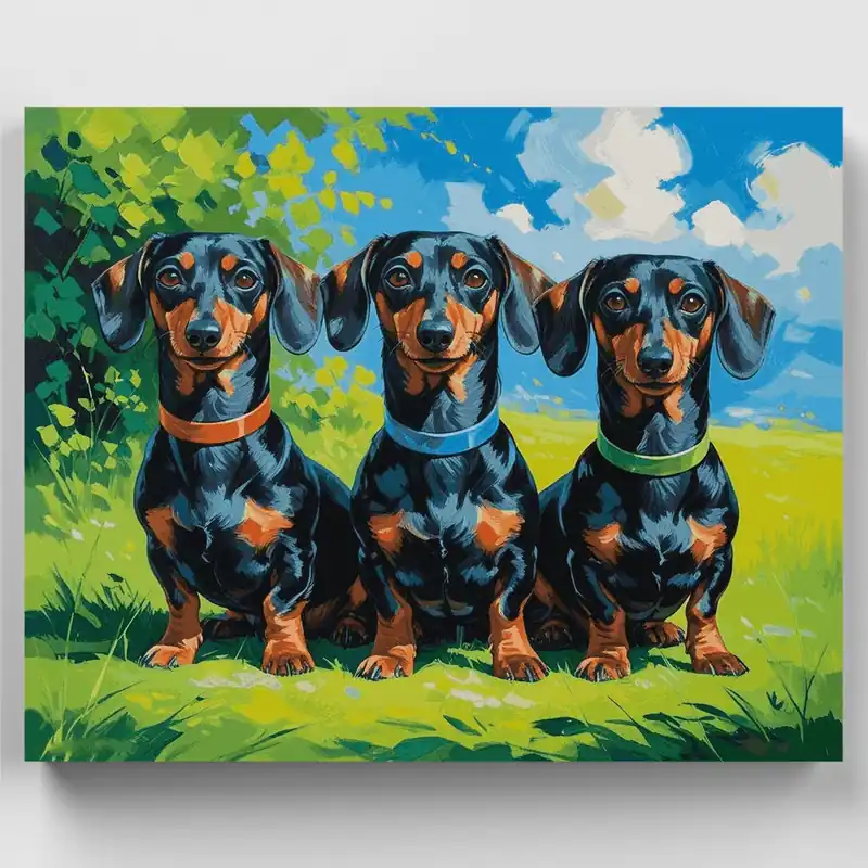 Tres Perros Salchicha con Collares Coloridos - Kit de pintar por números - Lienzo Enrollado / 24 Colores Precio Rebajado