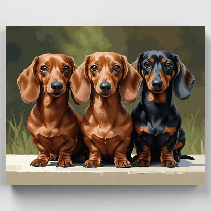 Tres Perros Salchicha en Sendero de Jardín - Kit de pintar por números - Lienzo Enrollado / 24 Colores Precio Bajo