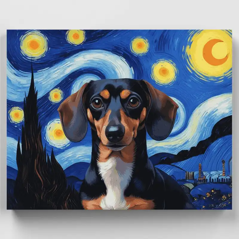 Máxima Calidad Dachshund en la Noche Estrellada - Kit de pintar por números - Lienzo Enrollado / 24 Colores