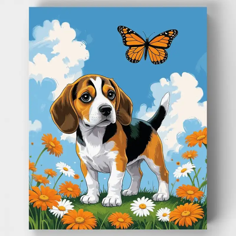 Venta Final Cachorro Beagle en un Campo de Flores - Kit de Pintar por Números - Lienzo Enrollado / 24 Colores