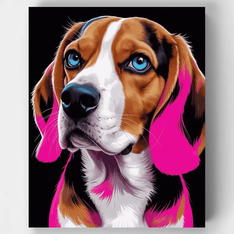 Máxima Calidad Beagle con Ojos Azules Vibrantes - Kit de pintar por números - Lienzo Enrollado / 24 Colores