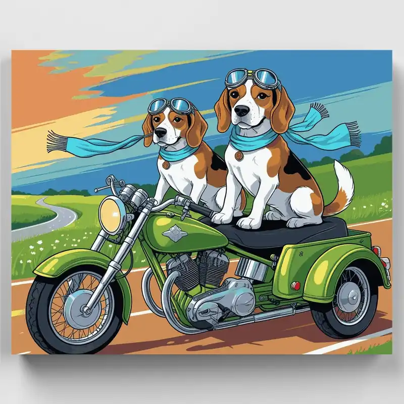 Beagles en una Aventura en Motocicleta - Kit de pintar por números - Lienzo Enrollado / 24 Colores Precio Reducido