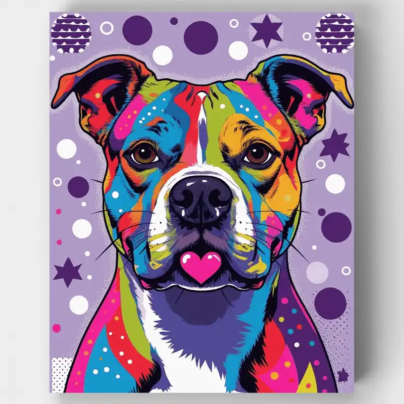 Envío Inmediato Pitbull Vibrante de Arte Pop con Corazón - Kit de Pintar por Números - Lienzo Enrollado / 24 Colores